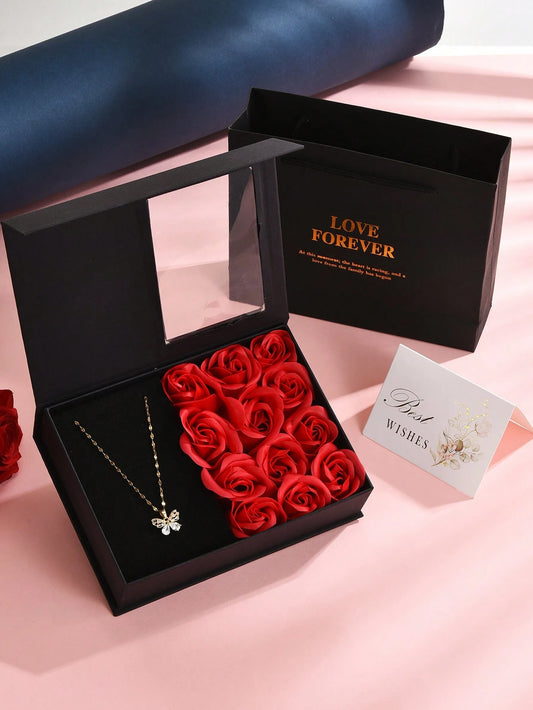 1 Pièce Collier Pendentif  Incrusté De Cuivre Pour Femmes, Cadeau De La Boîte De Roses