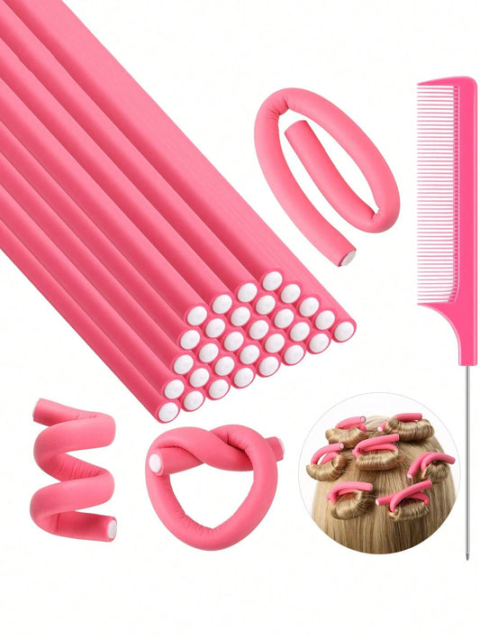 30 pièces Rouleaux de cheveux en mousse pliables avec 1 peigne à queue de rat