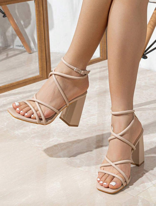 Sandales d'été casual femme à talon haut épais, orteil carré, avec sangle et boucle