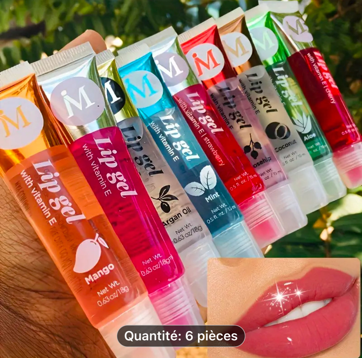 6Pcs/Set, Gloss à lèvres transparent hydratant, VE, Rose musquée, Argan, Menthe poivrée, Saveur de noix de coco
