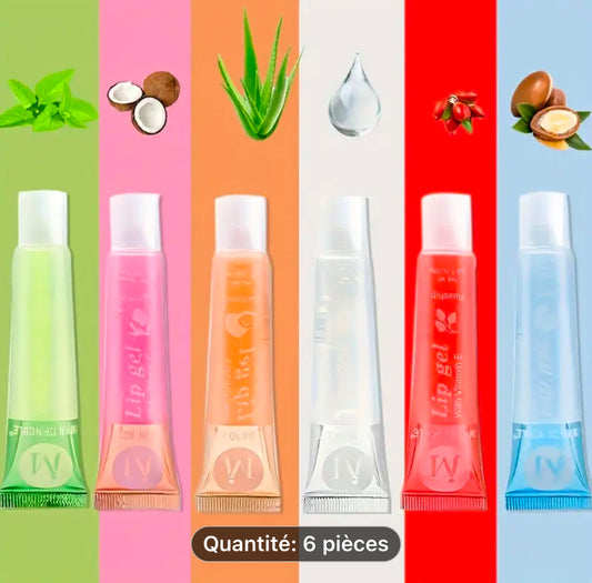 6Pcs/Set, Gloss à lèvres transparent hydratant, VE, Rose musquée, Argan, Menthe poivrée, Saveur de noix de coco
