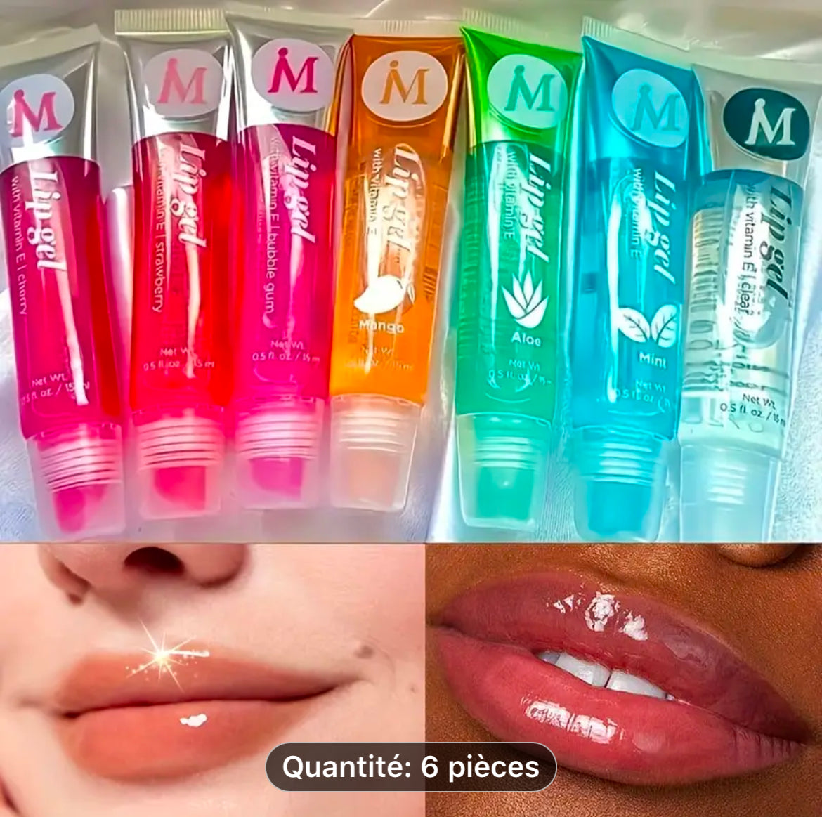 6Pcs/Set, Gloss à lèvres transparent hydratant, VE, Rose musquée, Argan, Menthe poivrée, Saveur de noix de coco