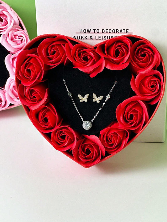 Boîte-cadeau en forme de fleur rose pour la Saint-Valentin Noël, avec couvercle (fleurs et bijoux inclus )
